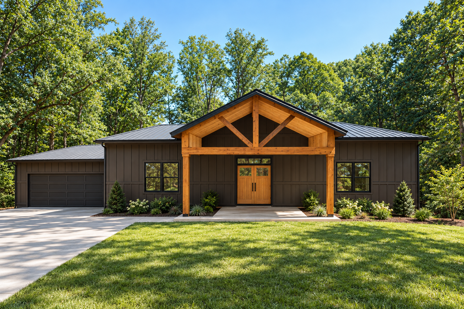The Chateau front exterior rendering with dark siding and a timber-framed porch