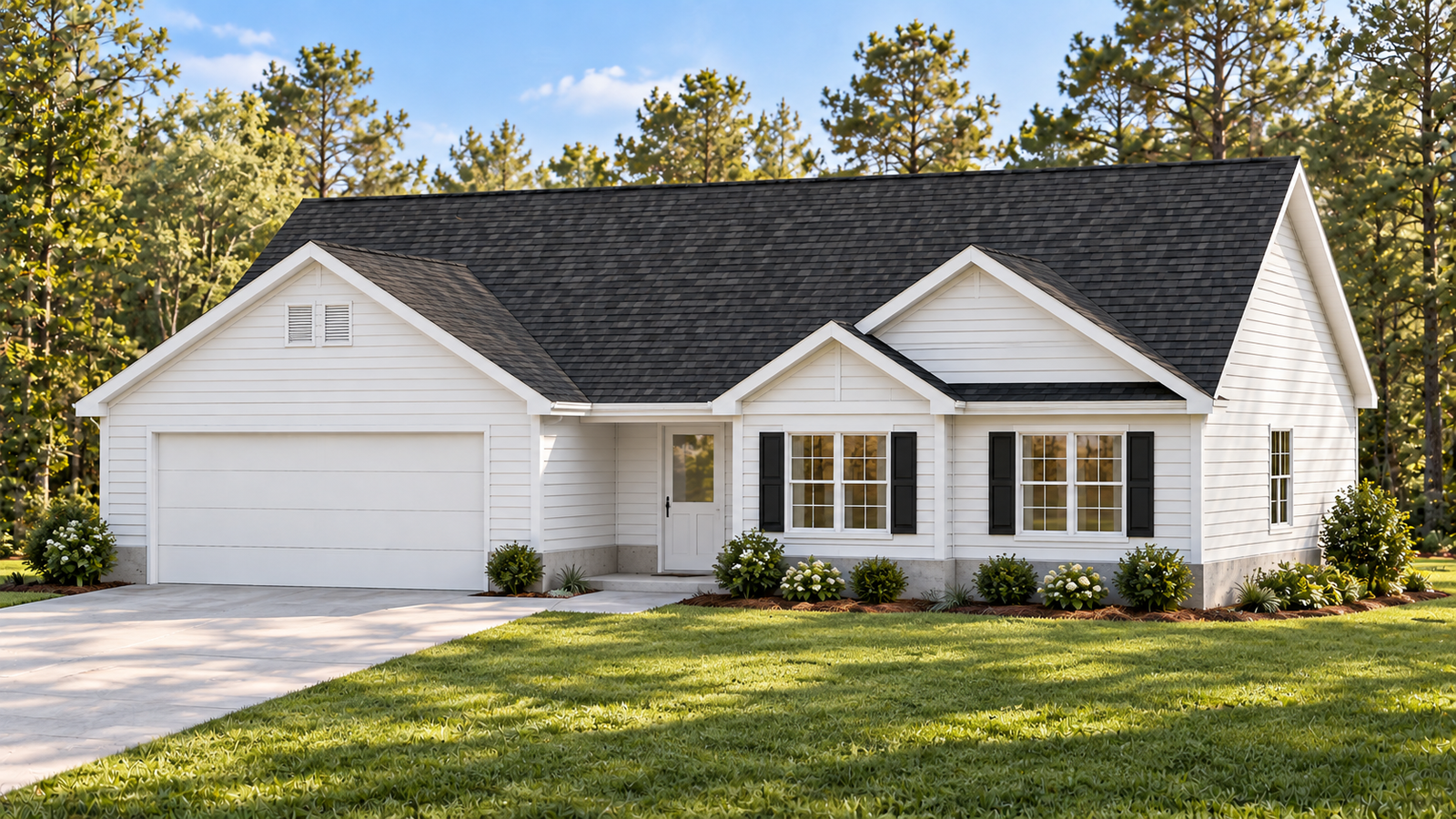 The Khristine front exterior rendering with white siding and black shutters
