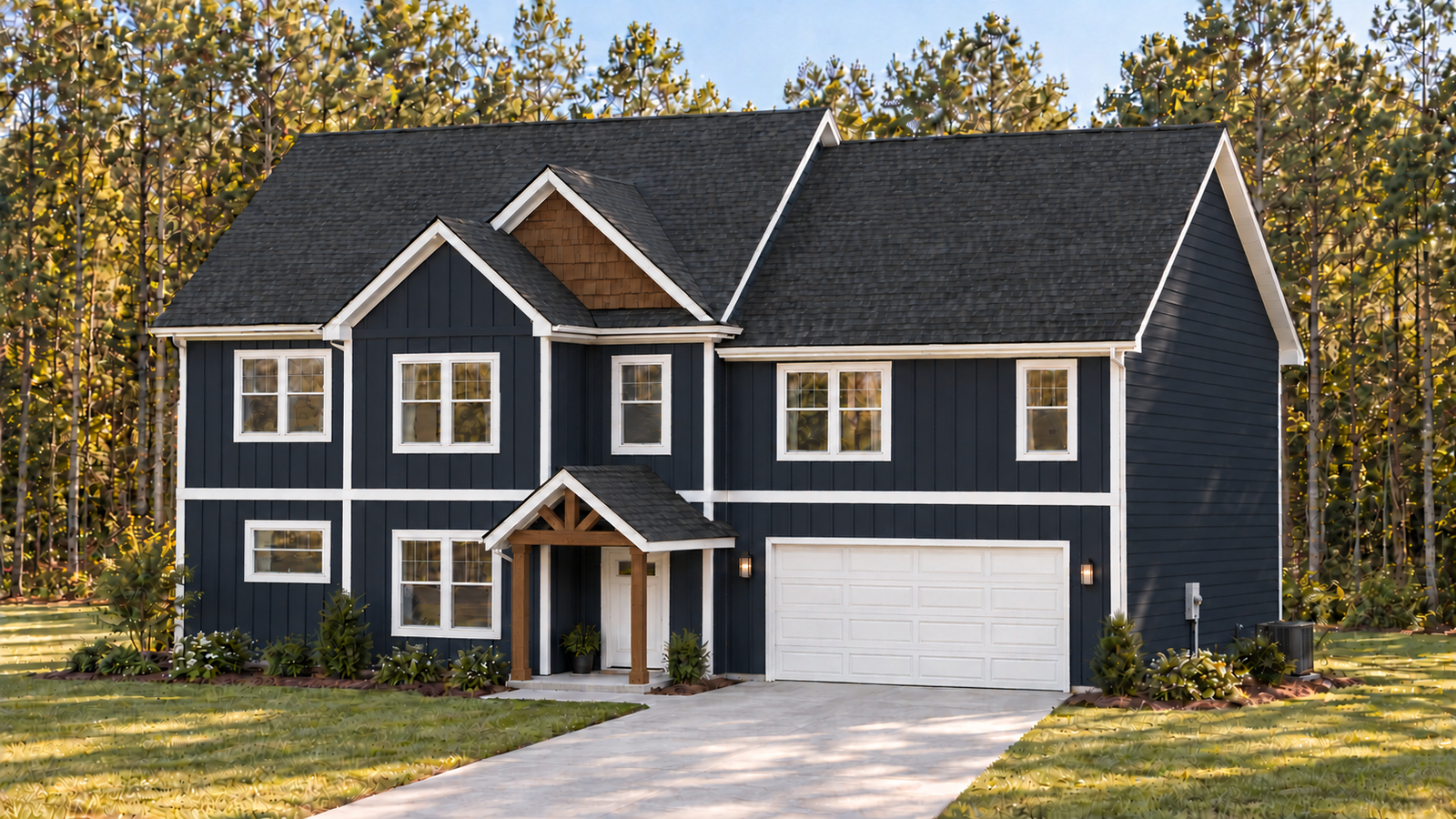 The Langford front exterior rendering with navy siding and a covered entry