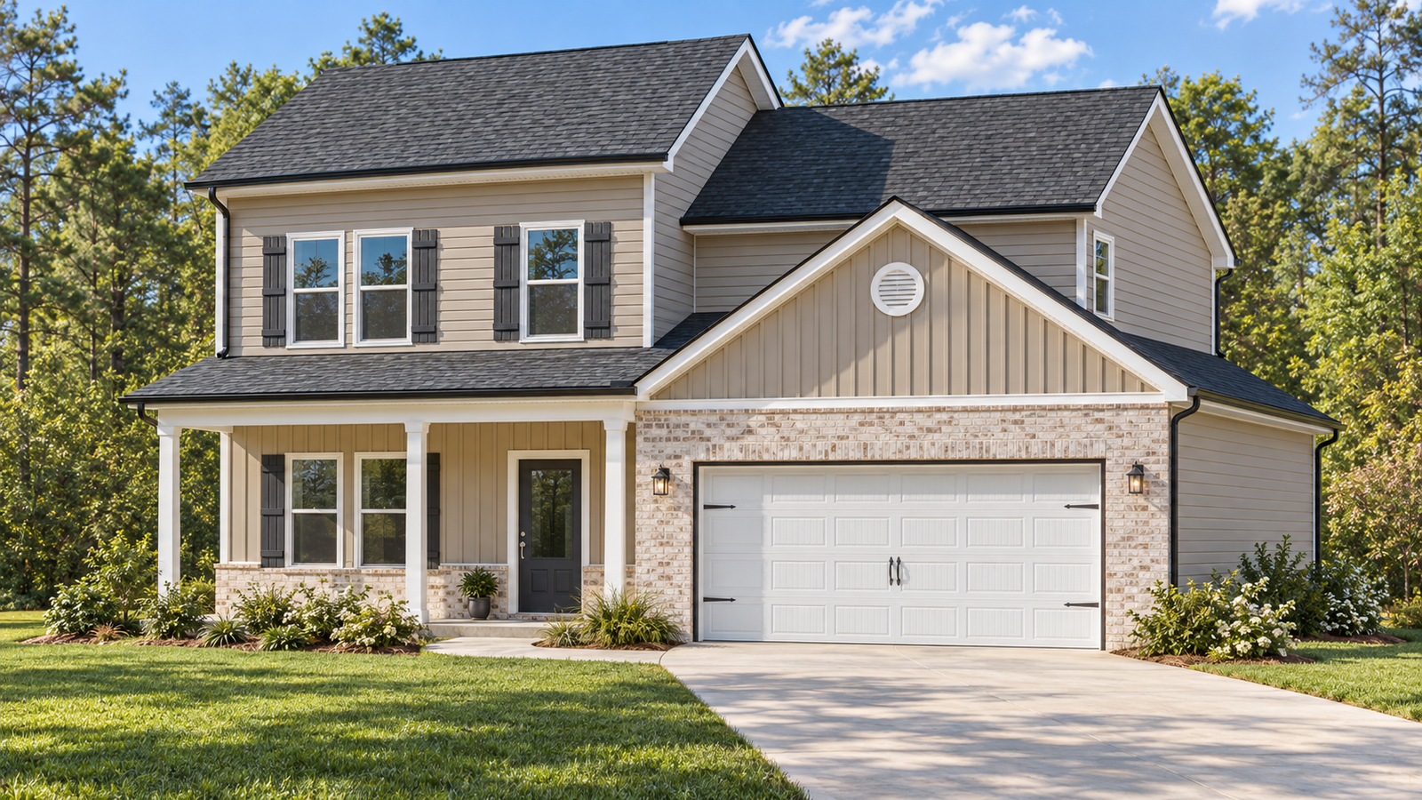 The Langley front exterior rendering with brick accents and covered front porch