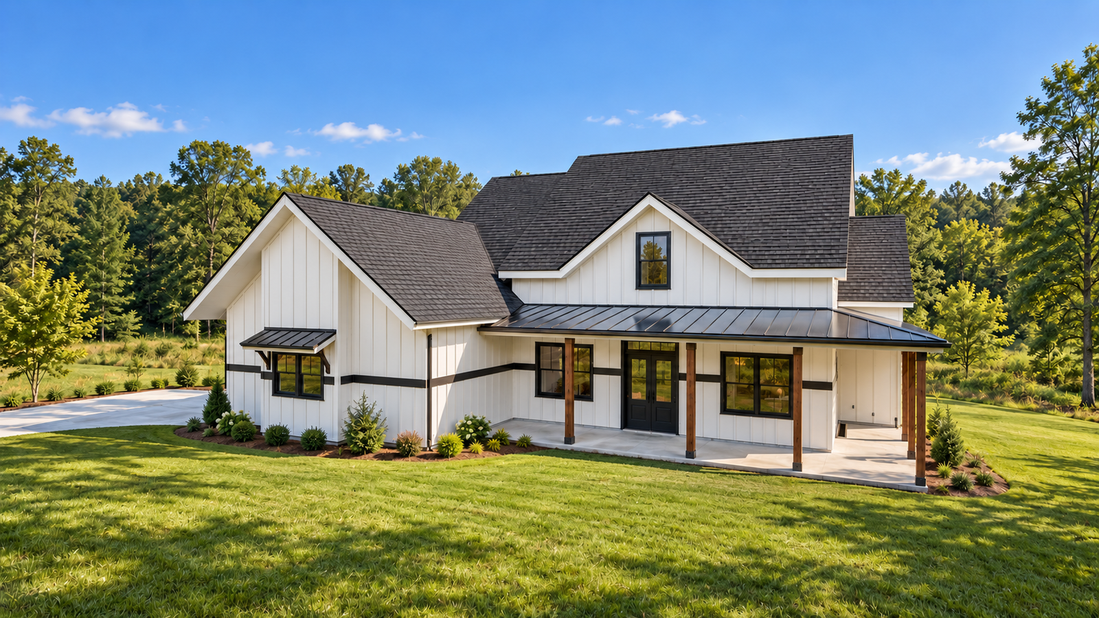The Mayfield exterior rendering with white board-and-batten siding and a covered front porch