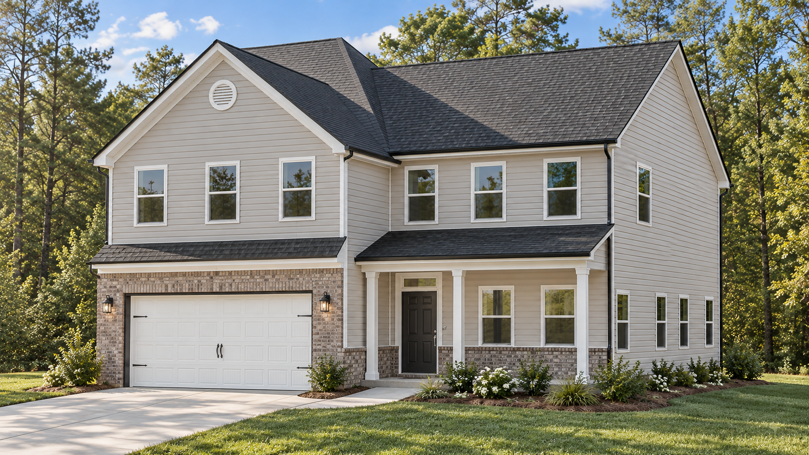 The Westbrook front exterior rendering with brick accents and a covered porch